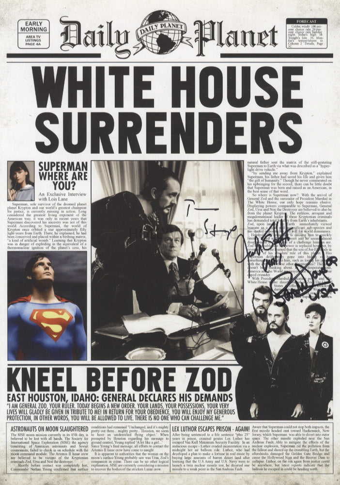 TERENCE STAMP, JACK O'HALLORAN and SARAH DOUGLAS - Superman - A3 Newspaper Homage Cover